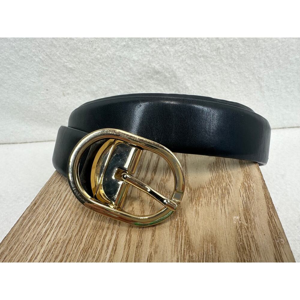 Black Leather Women's 49 inches Gold Oval Buckle Belt Preppy Classic Heritage